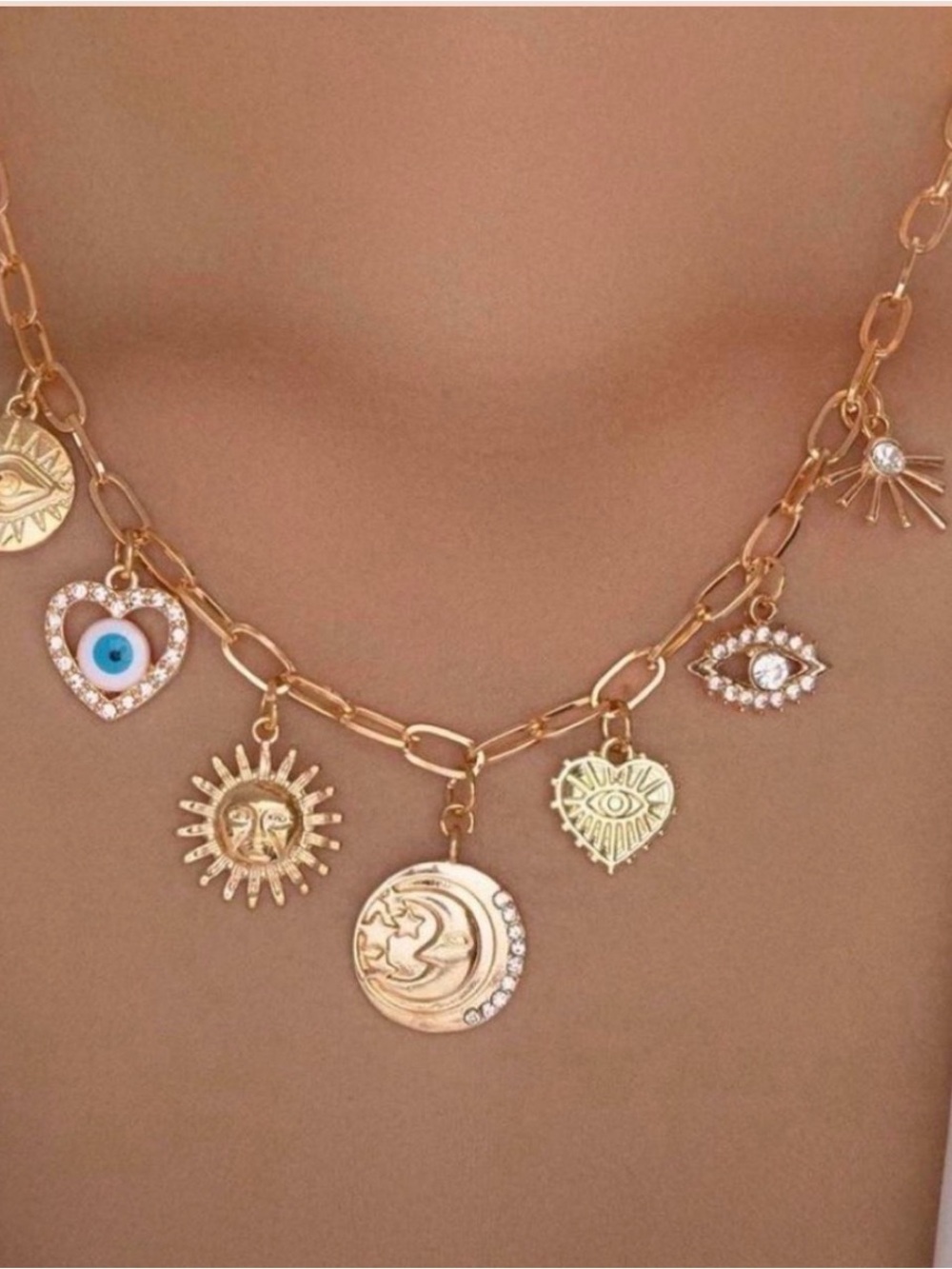 Gold Charm Pendant Necklace with Celestial & Eye Motifs